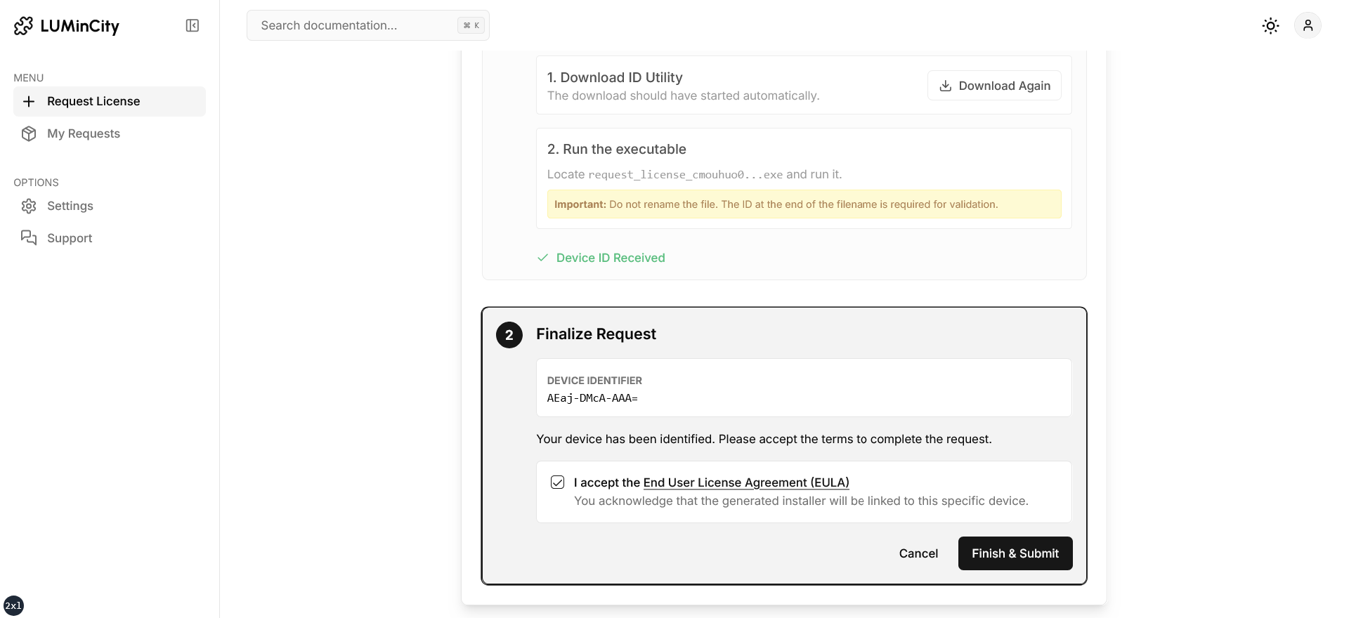 Device binding utility screen