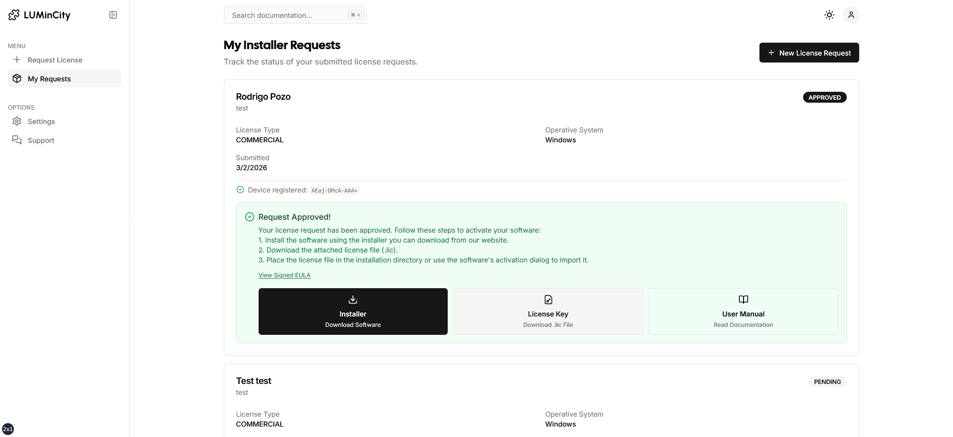 Approved license request view