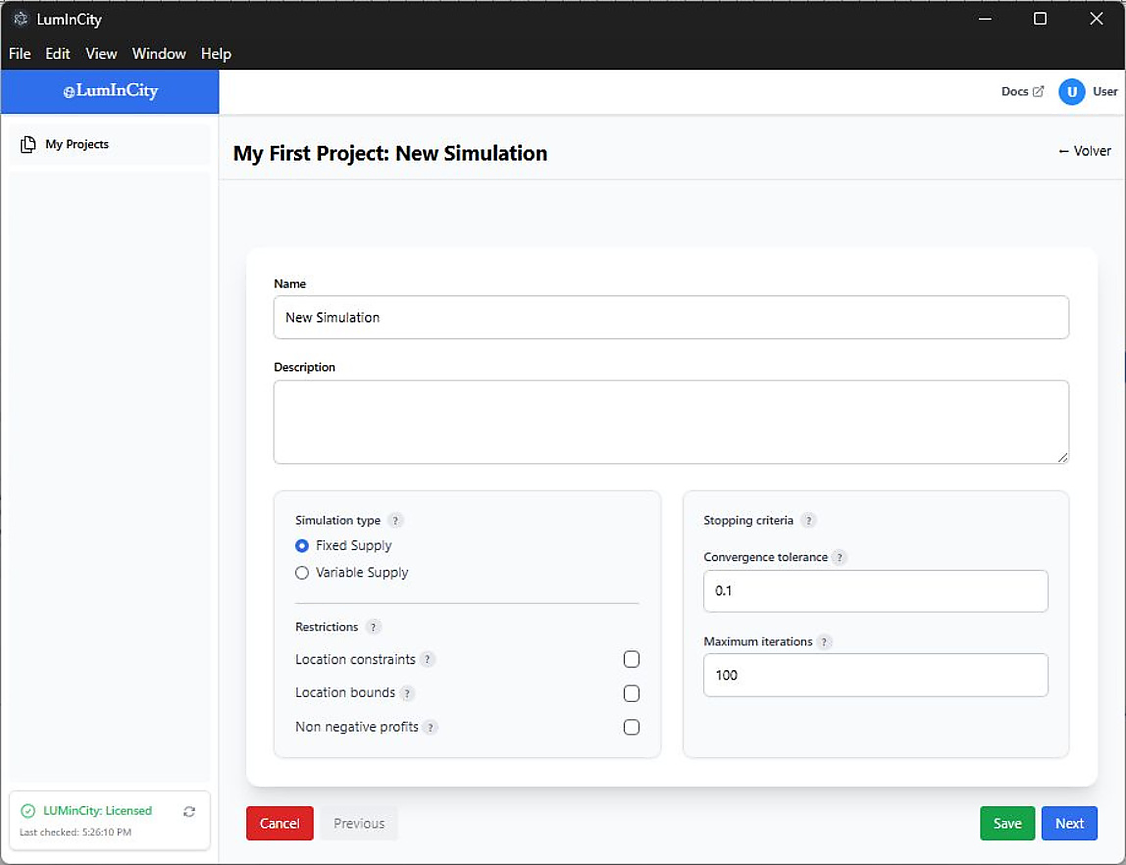 Simulation configuration form