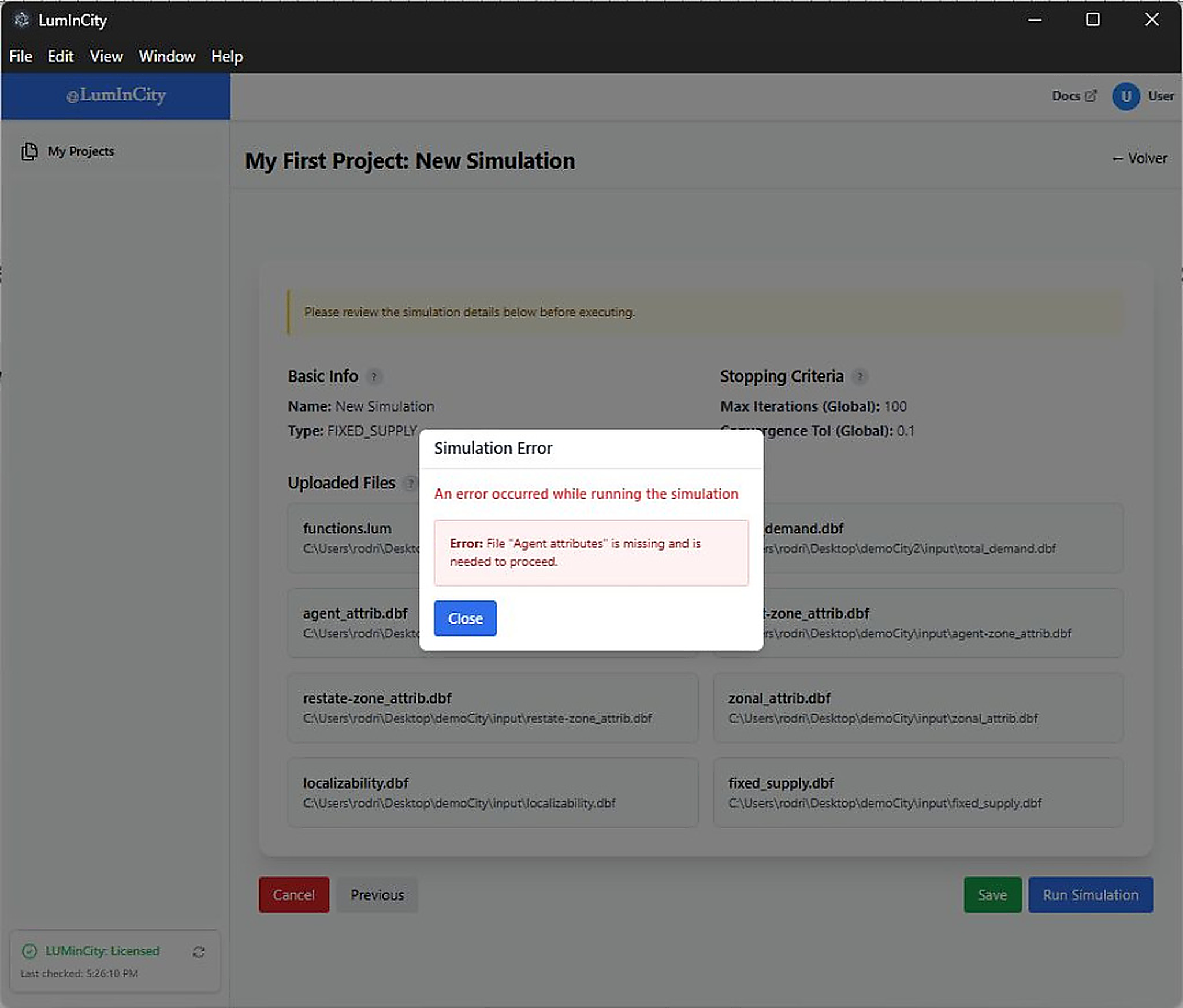 Desktop app validation error modal
